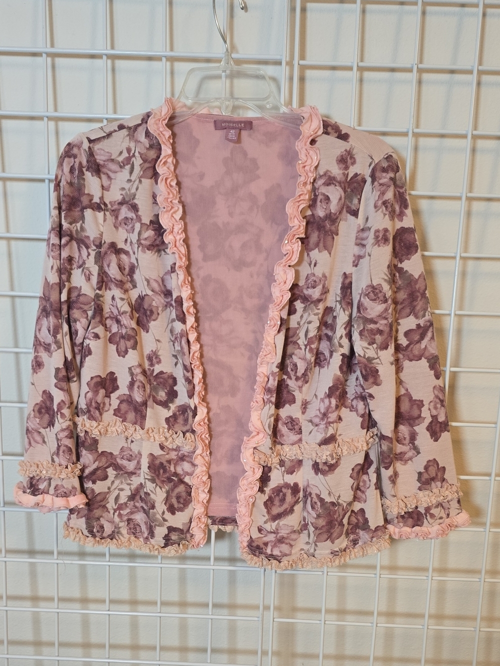Moiselle Blush Pink Floral Lace Sequin Ruffle Open Lightweight Cardigan Size 6